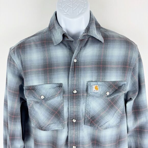 Carhartt Men's Relaxed Fit Plaid Long Sleeve Grey Blue Heavyweight Shirt Small - Picture 8 of 16